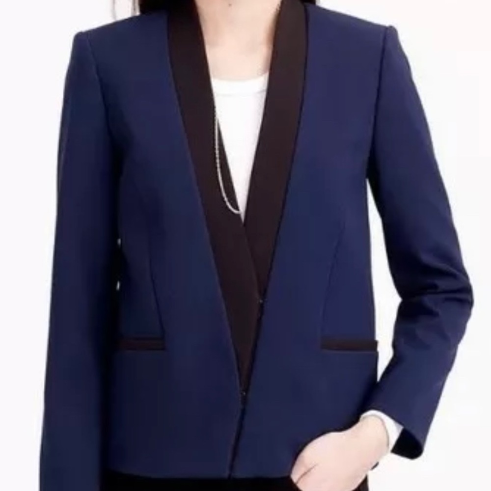 JCrew asymmetrical crepe navy black tuxedo blazer